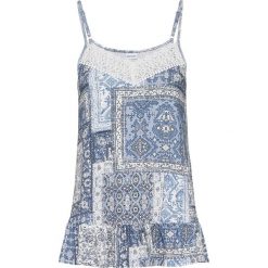 Top z nadrukiem i koronką bonprix biel wełny - niebieski paisley. Białe bluzki damskie bonprix, z nadrukiem, z wełny, bez kołnierzyka, bez rękawów. Za 54,99 zł.