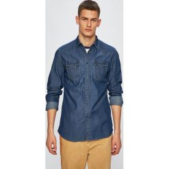 Trussardi Jeans - Koszula. Niebieskie koszule męskie Trussardi Jeans, bez wzorów, z bawełny, klasyczne, z włoskim kołnierzykiem, z długim rękawem. W wyprzedaży za 269,90 zł.