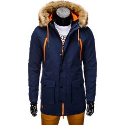 KURTKA MĘSKA ZIMOWA PARKA C358 - GRANATOWA. Niebieskie kurtki męskie pikowane marki Ombre Clothing, na zimę, m, z futra. Za 189,00 zł.