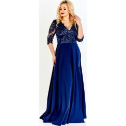 Wieczorowa sukienka maxi z dopasowaną gipiurową górą ozdobioną cekinami i rękawem 3/4 luźny dół granatowy. Niebieskie sukienki damskie N/A, plus size, bez wzorów, z elastanu, wizytowe, bez kołnierzyka, plus size, bez rękawów, maxi, dopasowane. Za 350,12 zł.