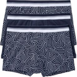 Bokserki (3 pary) bonprix ciemnoniebiesko-biały wzorzysty. Niebieskie bokserki męskie bonprix, z nadrukiem. Za 50,97 zł.