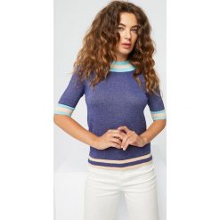 Sweter w kolorze granatowo-turkusowo-kremowym. Niebieskie swetry damskie Rodier, w paski, z wełny, klasyczne. W wyprzedaży za 174,95 zł.