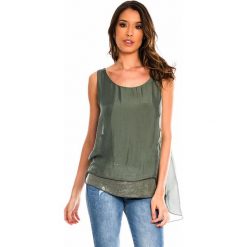 Jedwabny top w kolorze khaki. Brązowe topy damskie Silk Premium, s, bez wzorów, z jedwabiu, z okrągłym kołnierzem, bez rękawów. W wyprzedaży za 128,95 zł.