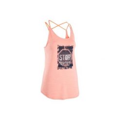 Top do tańca fitness damski łososiowy. Różowe topy damskie DOMYOS, bez wzorów, z elastanu, bez kołnierzyka. Za 49,99 zł.