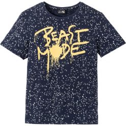 T-shirt Slim Fit bonprix ciemnoniebieski z nadrukiem. Niebieskie koszulki męskie bonprix, s, z nadrukiem, bez kołnierzyka. Za 37,99 zł.