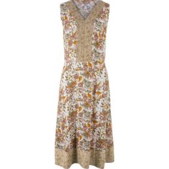 Sukienka midi z nadrukiem bonprix beżowo-szary z nadrukiem. Szare sukienki damskie bonprix, z nadrukiem, bez kołnierzyka, bez rękawów, midi. Za 49,99 zł.