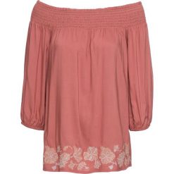 Bluzka "carmen" z haftem bonprix spalony pomarańczowy. Czerwone bluzki z odkrytymi ramionami marki bonprix, z haftami, z kołnierzem typu carmen. Za 59,99 zł.
