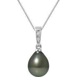 Naszyjniki damskie: Srebrny naszyjnik z zawieszką z diamentem i perłą – dł. 42 cm