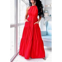Sukienka LORIBEL RED. Czerwone sukienki damskie IVET, na co dzień, xl, bez wzorów, bez kołnierzyka, z długim rękawem, długie, maxi. W wyprzedaży za 79,00 zł.