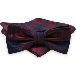 Granatowo-Bordowa Mucha Męska w Kratkę -ALTIES- z Taką Samą Poszetką MUALTS0542. Czerwone muszki męskie Alties, w paski, eleganckie. Za 39,00 zł.