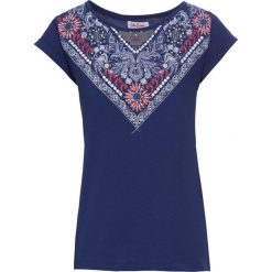 T-shirt z bawełny z nadrukiem, krótki rękaw bonprix kobaltowy z nadrukiem. Niebieskie t-shirty damskie bonprix, z nadrukiem, z bawełny, z okrągłym kołnierzem. Za 34,99 zł.
