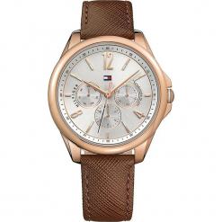 Zegarek kwarcowy "Savannah" w kolorze brązowo-srebrno-różowozłotym. Brązowe, analogowe zegarki damskie TOMMY HILFIGER, ze stali. W wyprzedaży za 545,95 zł.