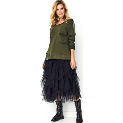 Bluza oversize damska khaki. Brązowe bluzy damskie e-margeritka.pl, s, z aplikacjami, z bawełny, z długim rękawem, długie, bez kaptura. Za 149,99 zł.