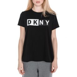 DKNY Koszulka Czarny. Czarne topy damskie DKNY, m, z nadrukiem, z elastanu, bez kołnierzyka, z krótkim rękawem, krótkie, bez kaptura. Za 195,95 zł.