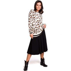 Kremowy Oversizowy Sweter w Lamparcie Cętki. Białe swetry damskie Molly.pl, s, bez wzorów, z jeansu, z długim rękawem, długie, bez kaptura. Za 115,90 zł.