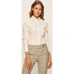 Trussardi Jeans - Koszula. Białe bluzki damskie Trussardi Jeans, z aplikacjami, z elastanu, eleganckie, z włoskim kołnierzykiem, z długim rękawem. Za 369,90 zł.