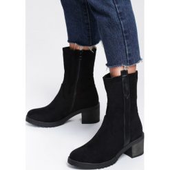 Czarne Botki Isabella. Czarne botki damskie Inny, na jesień, z okrągłym noskiem, przed kolano, na wysokim obcasie, na obcasie, na zamek. Za 119,99 zł.