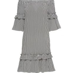 Sukienka shirtowa z dekoltem "carmen" bonprix czarno-biały w paski. Czarne sukienki damskie bonprix, na lato, w paski, bez kołnierzyka, bez rękawów. Za 79,99 zł.