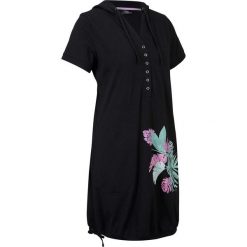 Sukienka shirtowa bawełniana, krótki rękaw bonprix czarny z nadrukiem. Czarne sukienki damskie bonprix, z nadrukiem, z bawełny, z kapturem, z krótkim rękawem, krótkie, mini. Za 74,99 zł.