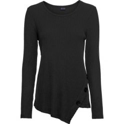 Shirt w prążek z guzikami bonprix czarny. Czarne koszulki damskie bonprix, bez wzorów, z asymetrycznym kołnierzem. Za 99,99 zł.