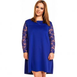 Chabrowa Elegancka Trapezowa Sukienka Długim Rękawem PLUS SIZE. Niebieskie sukienki balowe marki Molly.pl, na imprezę, plus size, w koronkowe wzory, z koronki, plus size, z długim rękawem, mini, dopasowane. Za 228,90 zł.