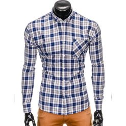 KOSZULA MĘSKA W KRATĘ Z DŁUGIM RĘKAWEM K393 - NIEBIESKA/SZARA. Szare koszule męskie Ombre Clothing, s, bez wzorów, eleganckie, bez kołnierzyka, z długim rękawem. Za 49,00 zł.