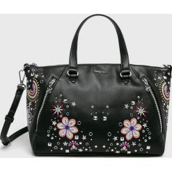 Desigual - Torebka. Czarne torebki klasyczne damskie Desigual, w paski, z poliesteru, casualowe, na ramię, średnie, z haftem. Za 349,90 zł.