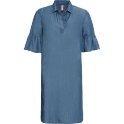 Sukienka z materiału w optyce dżinsu bonprix niebieski "stone”. Niebieskie sukienki damskie bonprix, bez wzorów, z asymetrycznym kołnierzem, bez rękawów, asymetryczne. Za 64,99 zł.