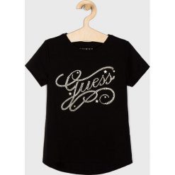 Guess Jeans - T-shirt dziecięcy 118 - 175 cm. Czarne bluzki dziewczęce Guess Jeans, z nadrukiem, z elastanu, z okrągłym kołnierzem, z krótkim rękawem, krótkie, bez kaptura. Za 79,90 zł.