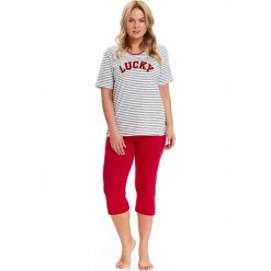 Piżama w kolorze biało-czarno-czerwonym - t-shirt, spodnie. Białe piżamy damskie Doctor Nap, xl, w paski. W wyprzedaży za 84,95 zł.