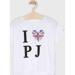 Pepe Jeans - Top dziecięcy 128-178/180 cm. Białe bluzki dziewczęce Pepe Jeans, z nadrukiem, z bawełny, z okrągłym kołnierzem, z krótkim rękawem, krótkie, bez kaptura. Za 124,90 zł.