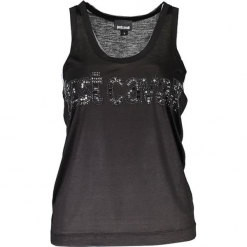 Top w kolorze czarnym. Czarne topy damskie Just Cavalli, Calvin Klein, Lee, xs, z nadrukiem, z okrągłym kołnierzem. W wyprzedaży za 399,95 zł.