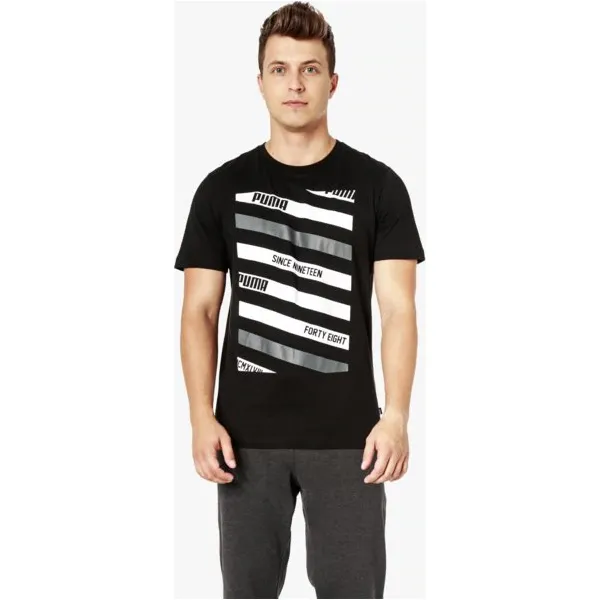Puma Koszulka Ss Lines Graphic , czarny, rozmiar XL. Czarne koszulki męskie Puma, xl, z nadrukiem, z bawełny, z klasycznym kołnierzykiem, bez rękawów. W wyprzedaży za 59,99 zł.