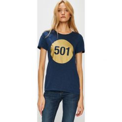 Levi's - Top. Niebieskie topy damskie marki Levi's®, s, z nadrukiem, z bawełny, z okrągłym kołnierzem. W wyprzedaży za 89,90 zł.