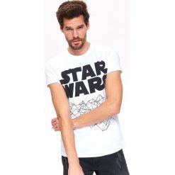 T-SHIRT STAR WARS. Białe t-shirty męskie marki Top Secret, na lato, xxl, z napisami, retro, z kontrastowym kołnierzykiem, krótkie. W wyprzedaży za 24,99 zł.