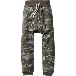 Spodnie dresowe z niskim krokiem bonprix zielony wzorzysty. Zielone spodnie dresowe chłopięce marki bonprix. Za 49,99 zł.