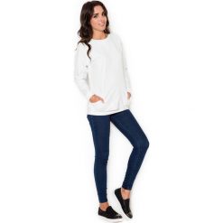 Ecru Długa Casualowa Bluza z Wsuwanymi Kieszeniami. Szare podkoszulki damskie marki Molly.pl, s, bez wzorów, z jeansu, bez kołnierzyka. Za 122,90 zł.