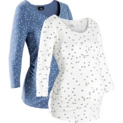 Shirt ciążowy z nadrukiem (2 szt.), bawełna organiczna bonprix niebieski dżins + biały z nadrukiem. Niebieskie koszulki damskie bonprix, z nadrukiem, z bawełny, z okrągłym kołnierzem. Za 119,98 zł.