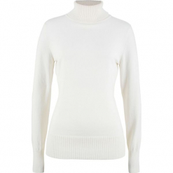 Sweter z golfem bonprix biel wełny. Białe swetry damskie bonprix, bez wzorów, z wełny, bez rękawów, bez kaptura. Za 54,99 zł.