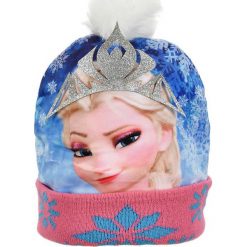 Czapka "Frozen" w kolorze niebiesko-jasnoróżowym. Różowe czapeczki niemowlęce z nadrukiem. W wyprzedaży za 32,95 zł.