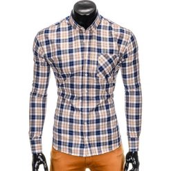 KOSZULA MĘSKA W KRATĘ Z DŁUGIM RĘKAWEM K393 - NIEBIESKA/BRĄZOWA. Pomarańczowe koszule męskie Ombre Clothing, s, bez wzorów, eleganckie, bez kołnierzyka, z długim rękawem. Za 49,00 zł.