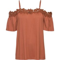 Shirt z koronką bonprix brązowy. Pomarańczowe koszulki damskie bonprix, w koronkowe wzory, z elastanu, bez kołnierzyka, bez rękawów. Za 84,99 zł.