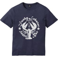 T-shirt z nadrukiem bonprix ciemnoniebieski z nadrukiem. Niebieskie t-shirty męskie bonprix, s, z nadrukiem, z bawełny, bez kołnierzyka. Za 21,99 zł.