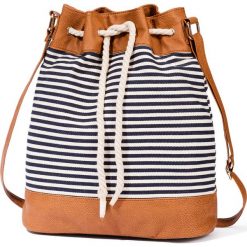Worek shopper w paski bonprix niebiesko-biało-koniakowy w paski. Niebieskie torby damskie na zakupy bonprix, w paski, bez dodatków. Za 89,99 zł.