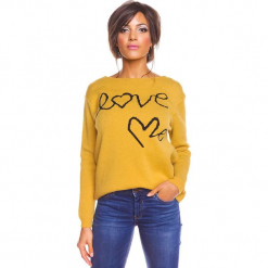 Sweter "Love" w kolorze musztardowym. Żółte swetry klasyczne damskie marki So Cachemire, s, z kaszmiru, z okrągłym kołnierzem. W wyprzedaży za 173,95 zł.