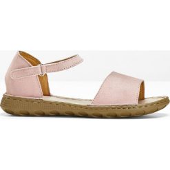 Sandały skórzane bonprix jasnoróżowy. Różowe sandały damskie bonprix, w paski, na wysokim obcasie, z paskami. Za 124,99 zł.
