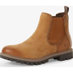 Tamaris - Skórzane kozaki damskie, brązowy. Pomarańczowe kozaki damskie Tamaris, ze skóry, eleganckie, bez obcasa, bez zapięcia. Za 299,95 zł.