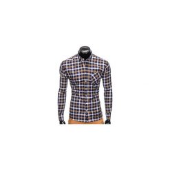 KOSZULA MĘSKA W KRATĘ Z DŁUGIM RĘKAWEM K397 - GRANATOWY/BRĄZOWY. Pomarańczowe koszule męskie Ombre Clothing, s, bez wzorów, eleganckie, bez kołnierzyka, z długim rękawem. Za 39,00 zł.