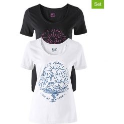 Koszulki (2 szt.) w kolorze czarnym i białym. Białe t-shirty damskie H.I.S, xs, z nadrukiem, z bawełny, z okrągłym kołnierzem. W wyprzedaży za 73,95 zł.