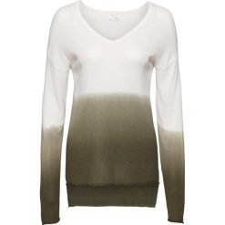 Sweter dzianinowy z dekoltem w serek bonprix biel wełny - oliwkowy. Białe swetry damskie bonprix, bez wzorów, z wiskozy, z długim rękawem, długie, bez kaptura. Za 74,99 zł.